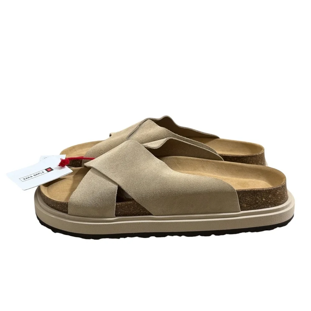Zara SRPLS Suede Leather Criss-Cross Slide Sandals Sand Beige Mules Men's 11 NWT